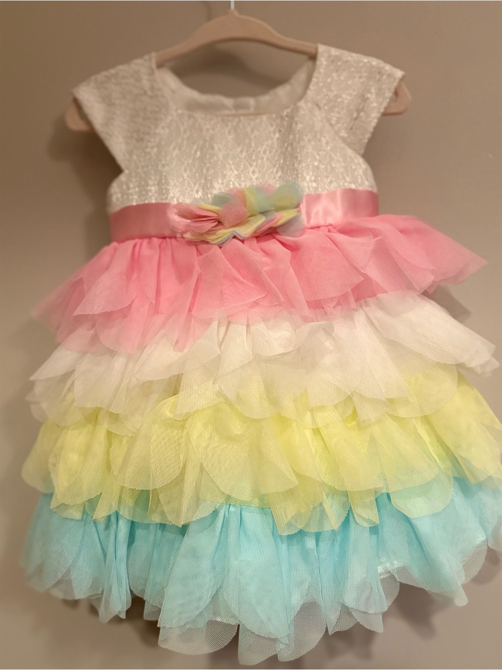 Toddler Layered Tulle Dress - White, Pink, Blue, and Lime Accents 12M